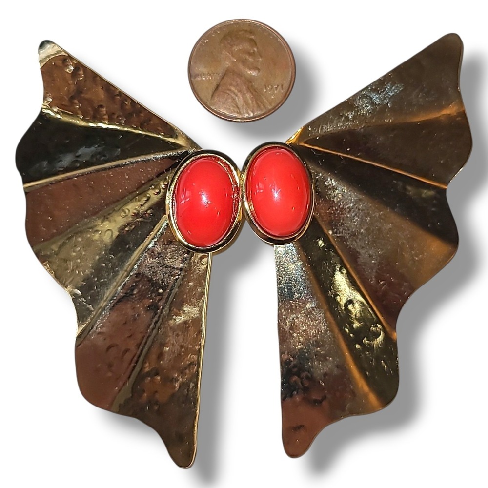 Vintage '80S Big Gold Tone Orange Cabochon Fan Wing Pierced Earrings - Picture 3 of 3